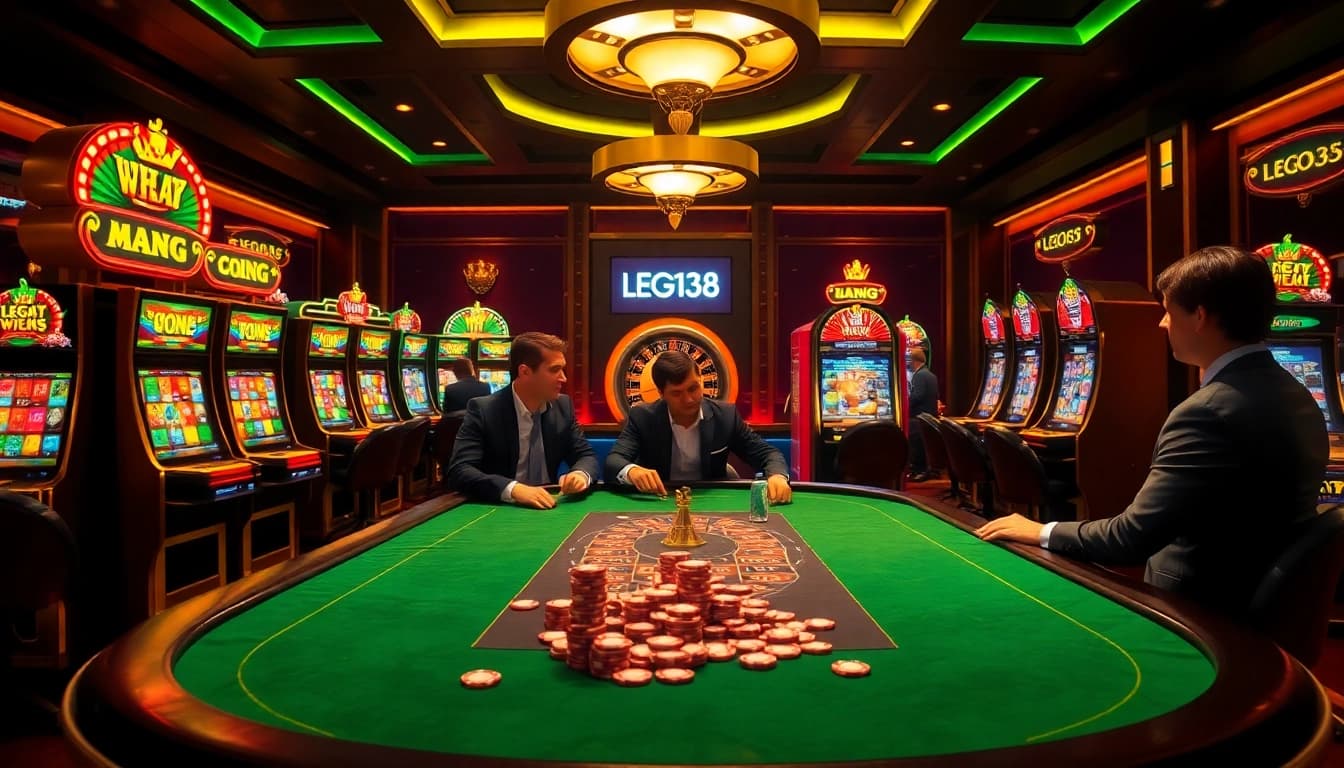 Players enjoying a high-stakes game at LEGO138 casino table with vibrant slot machines.