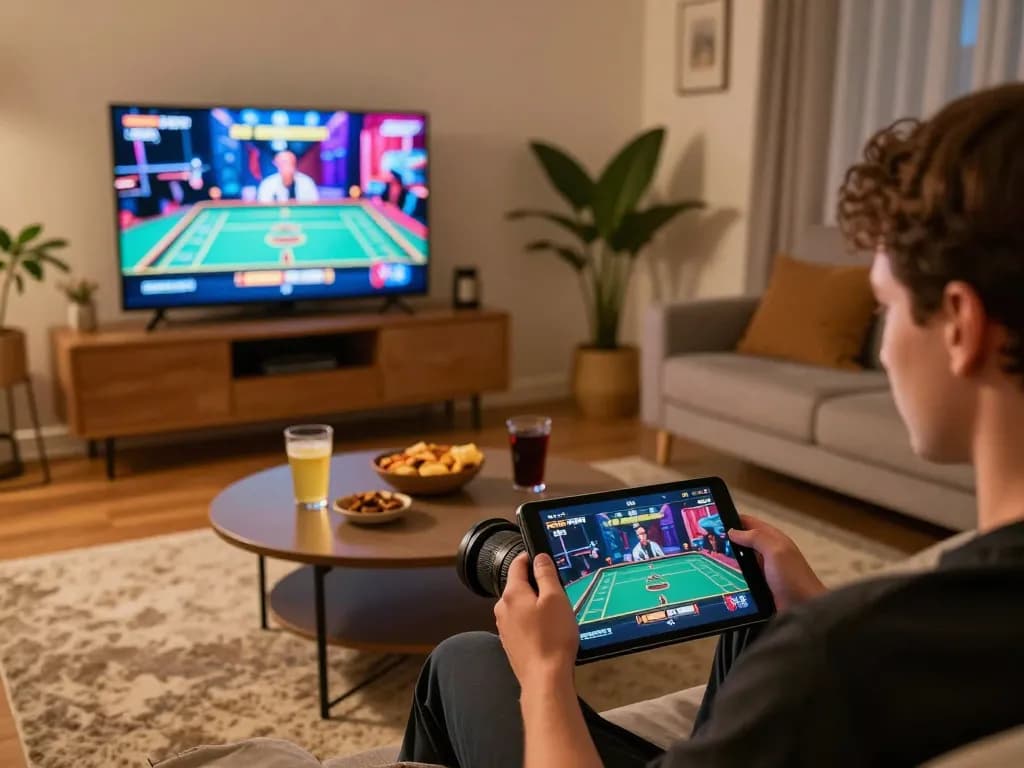Engaging player enjoying kdslot app on a tablet in a cozy home gaming environment