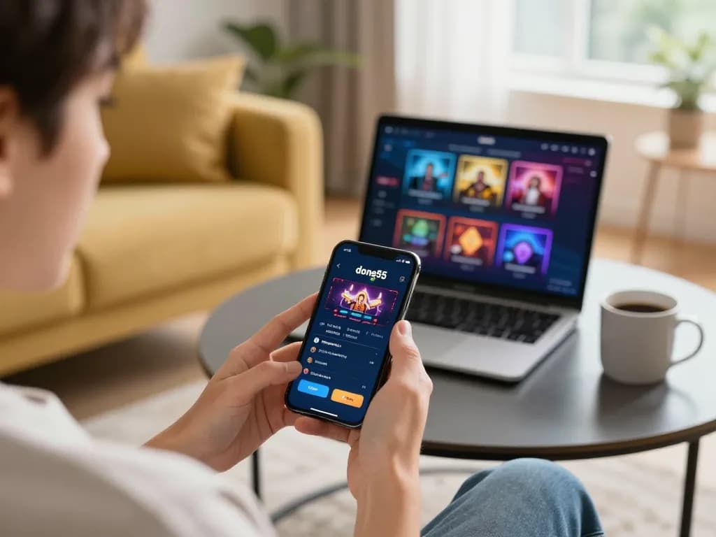 Player enjoying the done55 app on a smartphone at home, showing engaging gaming action and relaxed atmosphere
