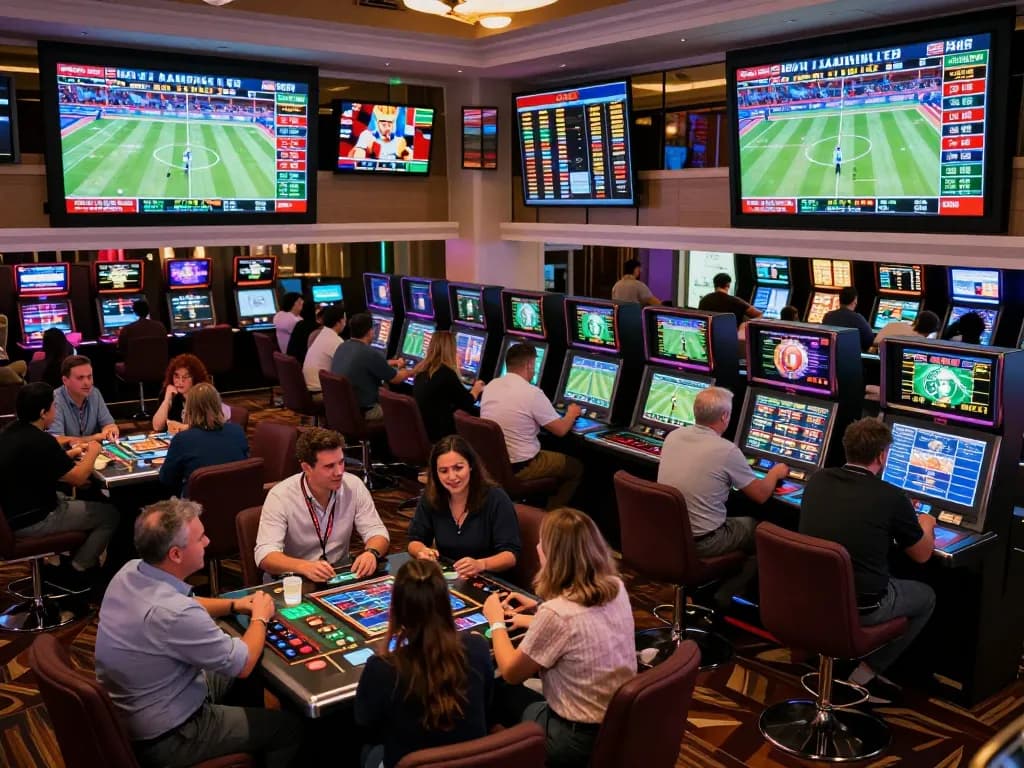 Exciting sports betting scene with patrons analyzing trang ca cuoc bong da odds and cheering on live games
