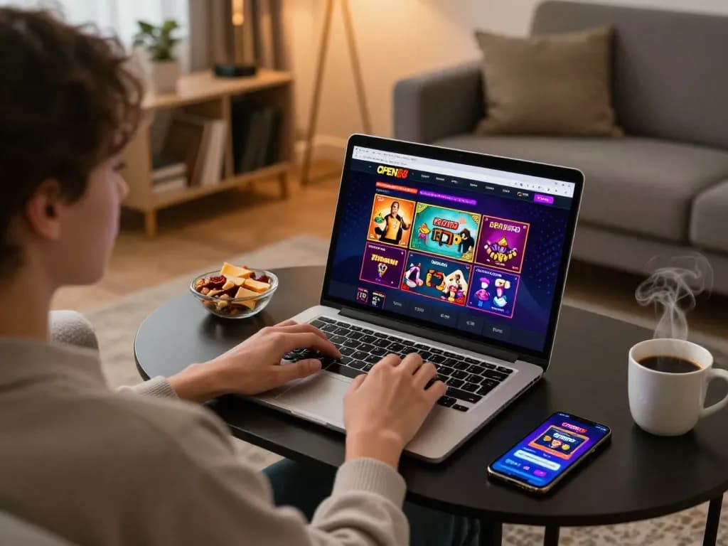 Player engaging with OPEN88 online casino on laptop in a cozy home setting, showcasing responsible gaming.