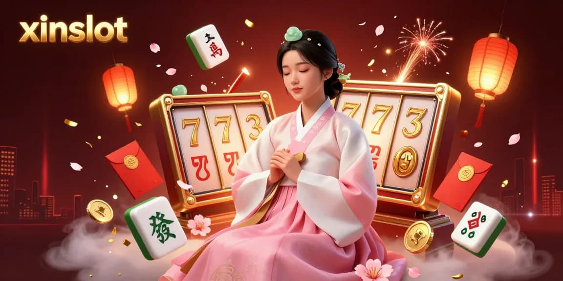 xinslot showcases an elegant Asian woman surrounded by vibrant slot game elements, reflecting the excitement of online gaming.