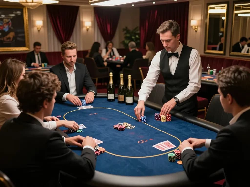 fabet high-stakes poker game in a luxurious VIP area, featuring professional players and champagne, strategic gameplay atmosphere
