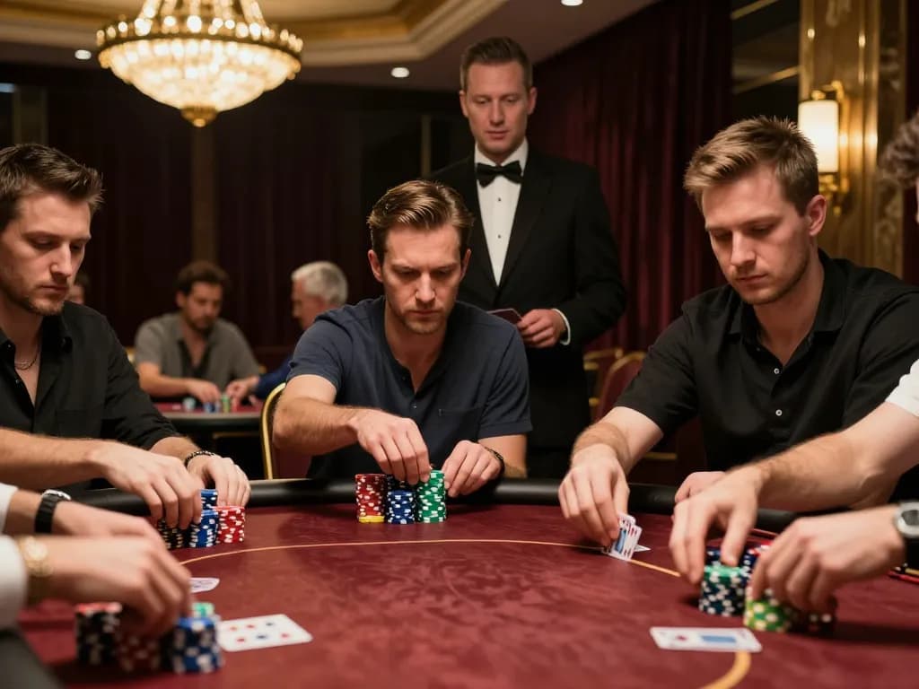 Players engage in intense gameplay at MM 99 poker table in a luxurious casino setting.