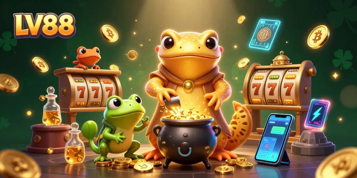 Experience thrilling gaming at LV88 with a vibrant 3D illustration of an alchemist and friends creating gold.