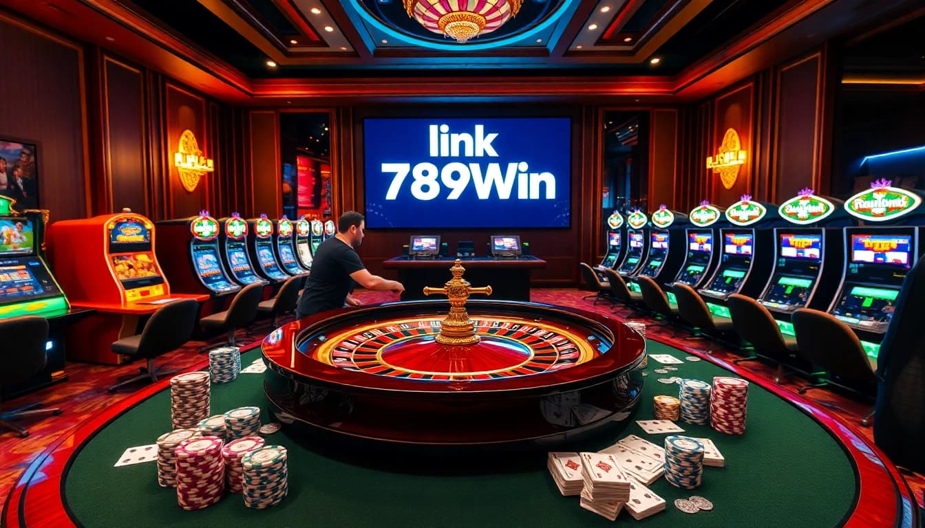 Experience thrilling gameplay at 789Win, featuring roulette, poker chips, and vibrant slot machines.