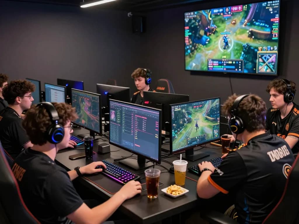 Dota 2 betting enthusiasts engaged in a vibrant esports lounge during a live match.
