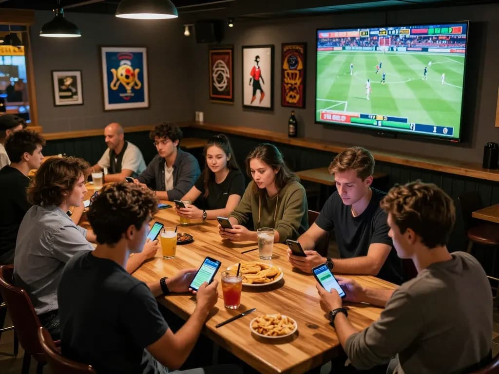 Excited patrons engaging with ty le keo during a live sports betting event at a vibrant bar.