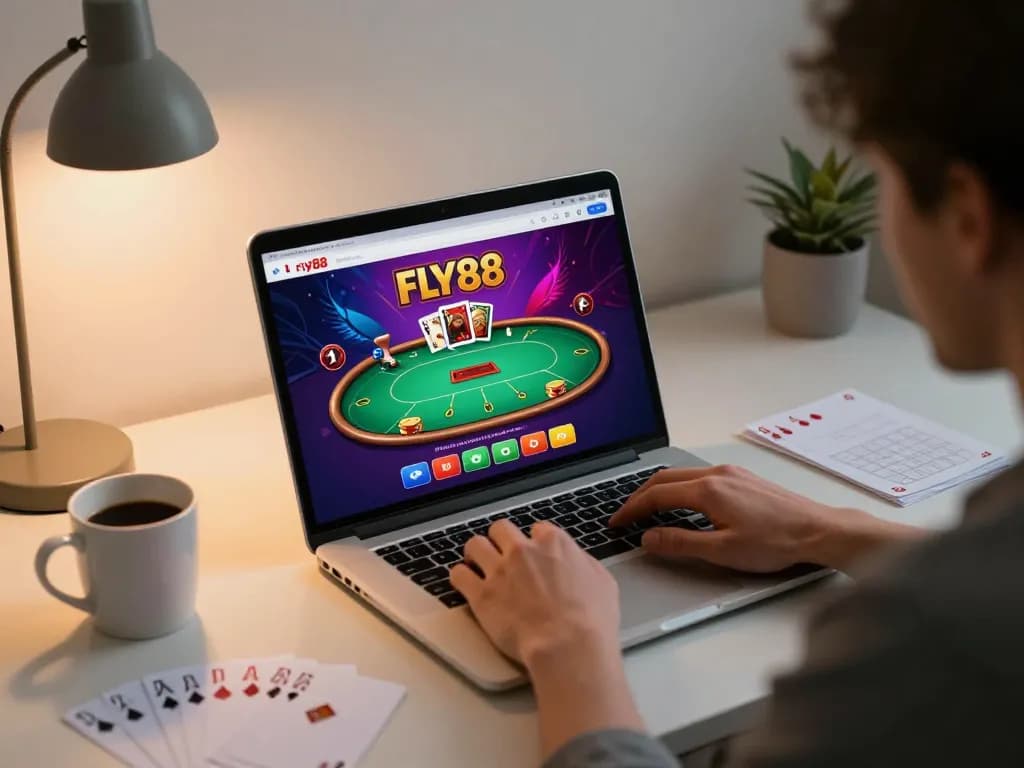 Engaging with the fly88 casino interface on a laptop, showcasing a focused gambling setup