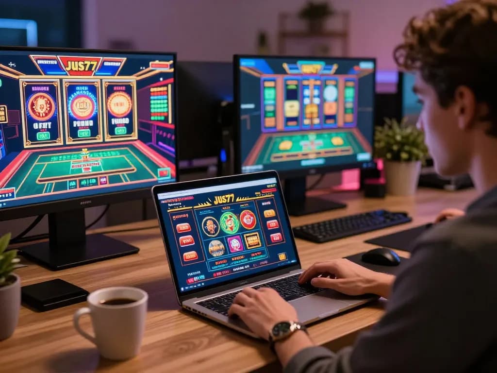 Engage in thrilling online gaming at jus77 with vibrant slots displayed on a modern workspace.