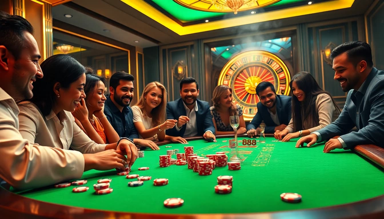 Experience the thrill of gambling at Go 88’s luxurious poker table with vibrant chips and a roulette wheel.