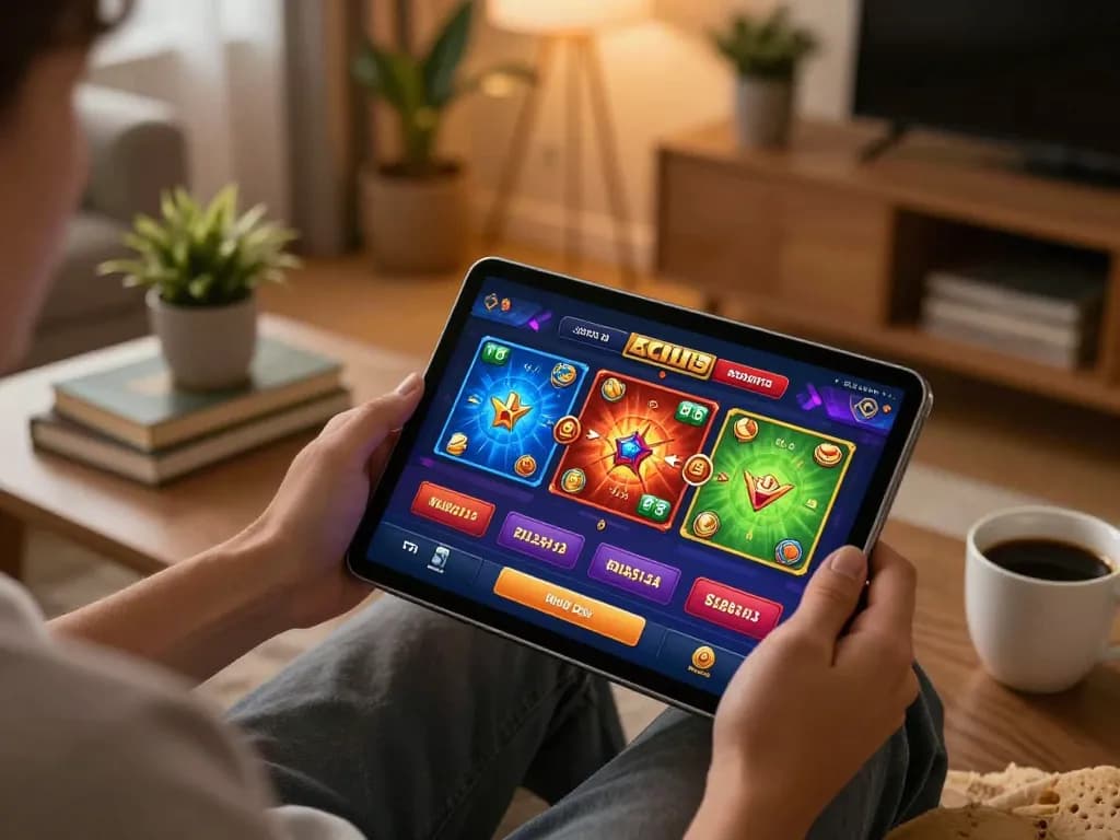 SC88 online gaming interface displayed on tablet, showcasing vibrant gameplay and cozy atmosphere.