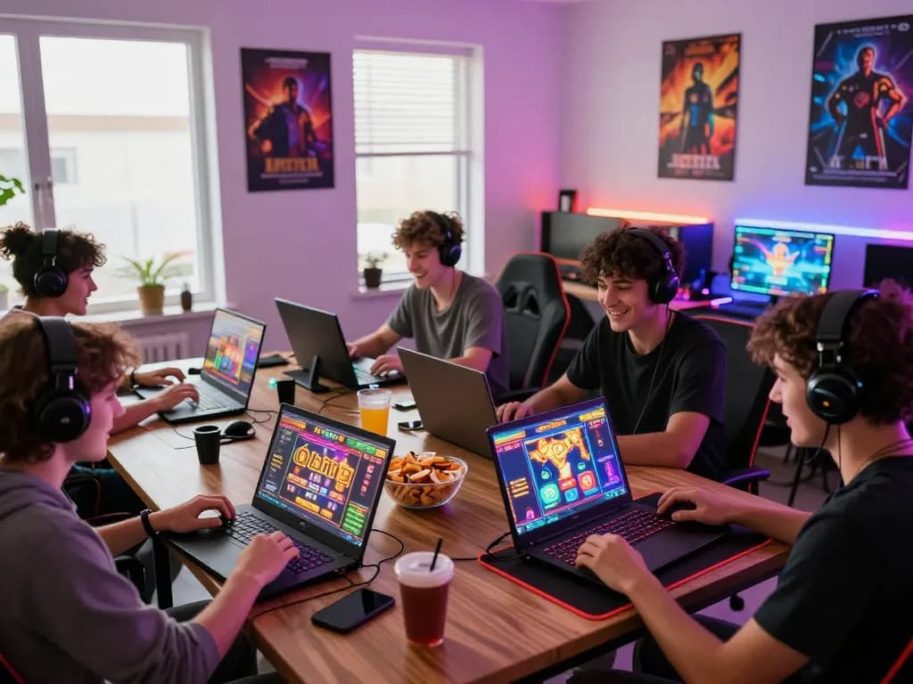 Exciting gaming atmosphere with players enjoying zeus138 online slots on their laptops, colorful LED lights creating a vibrant mood.