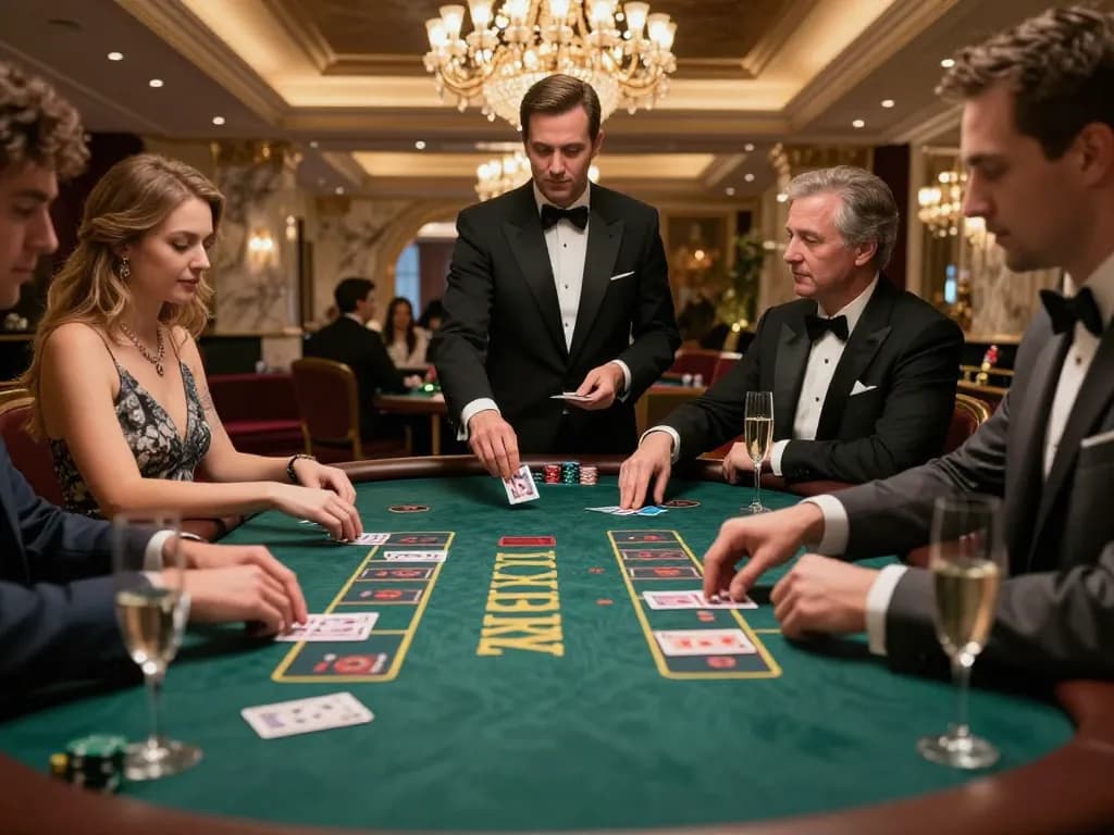 iWin blackjack table scene with players placing bets and a dealer dealing cards in a luxurious casino