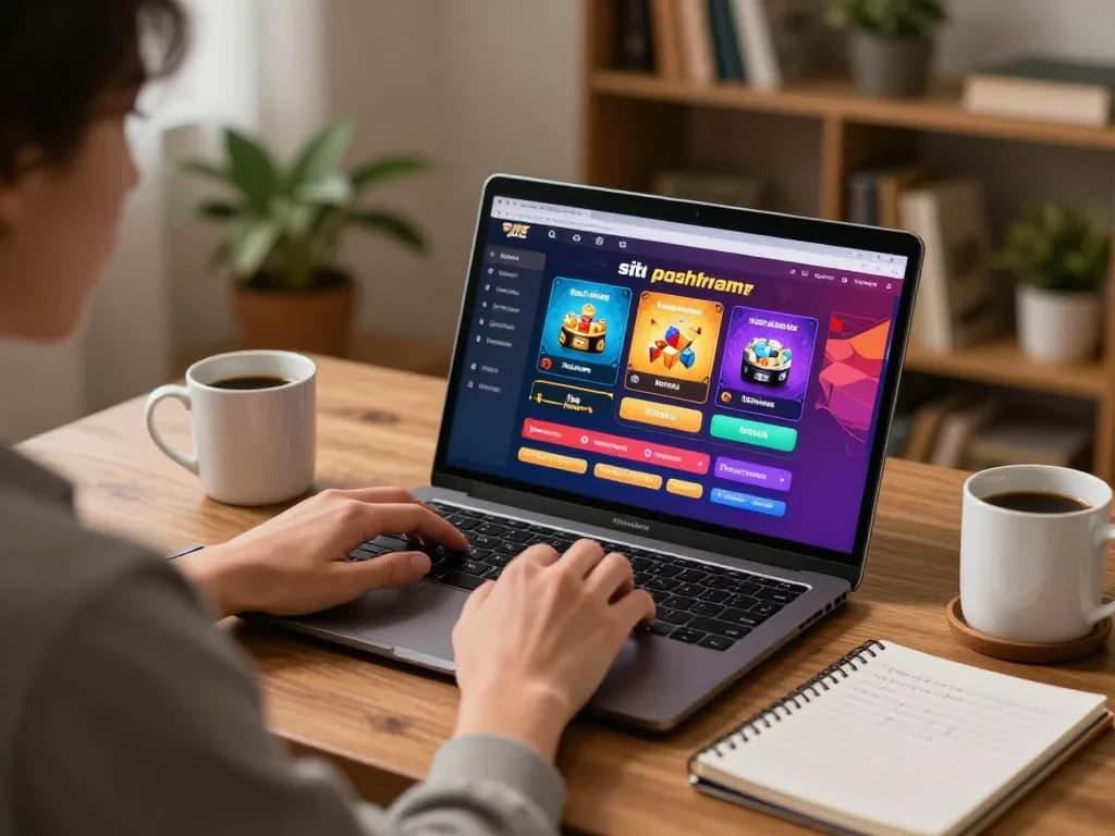 Playing situs slot games on a laptop at home, showcasing excitement and strategic planning