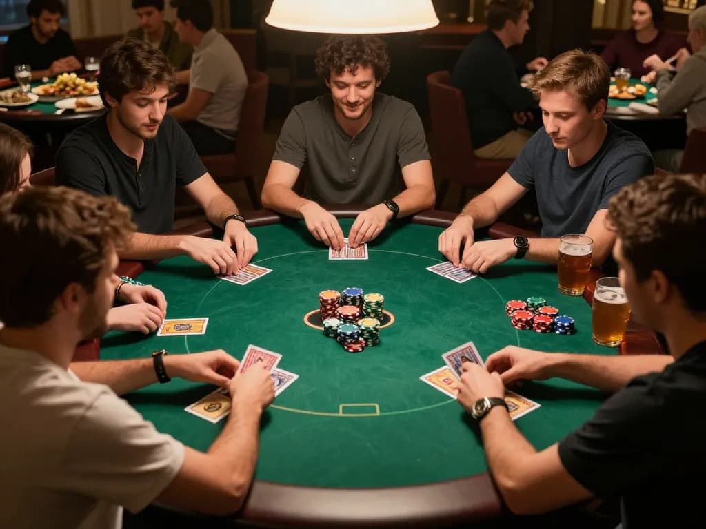 Engage in thrilling poker strategy with MM88 as players compete at a vibrant home game night.