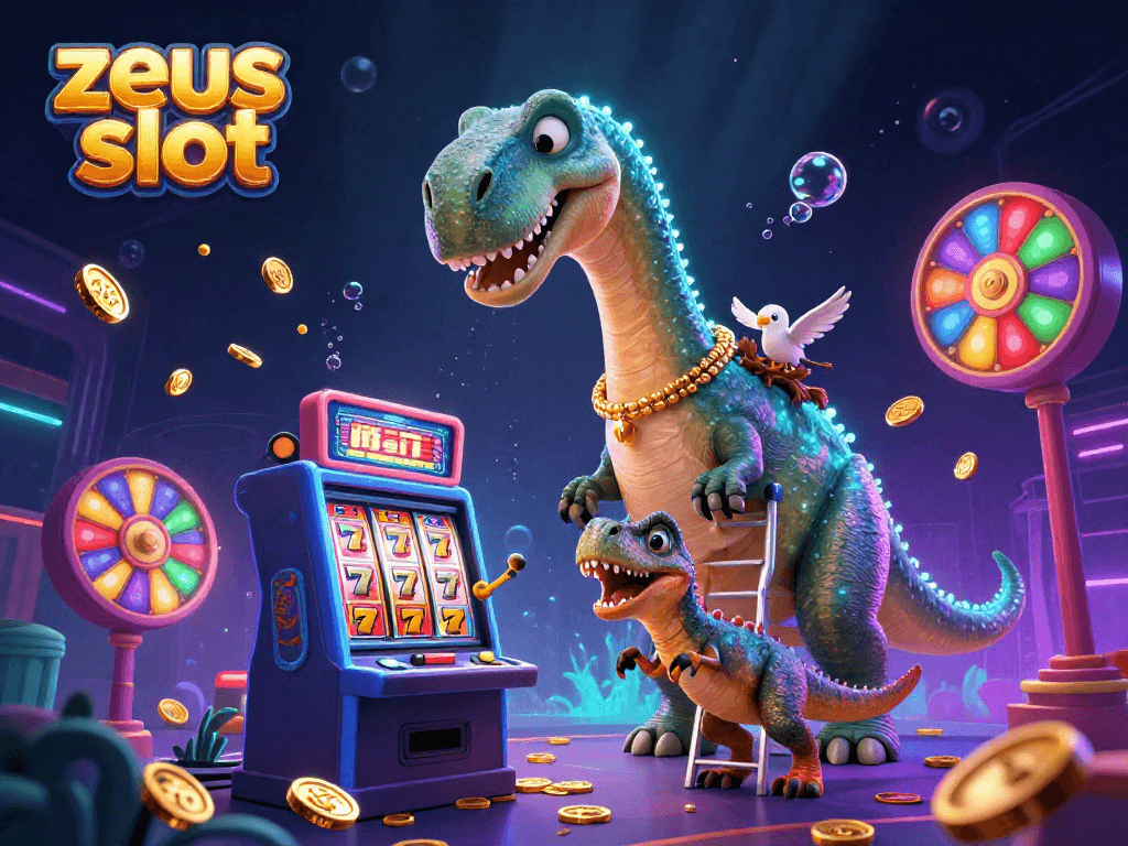 Engage with zeus slot in an electric casino atmosphere featuring a brontosaurus and raptor pulling lever pulls.