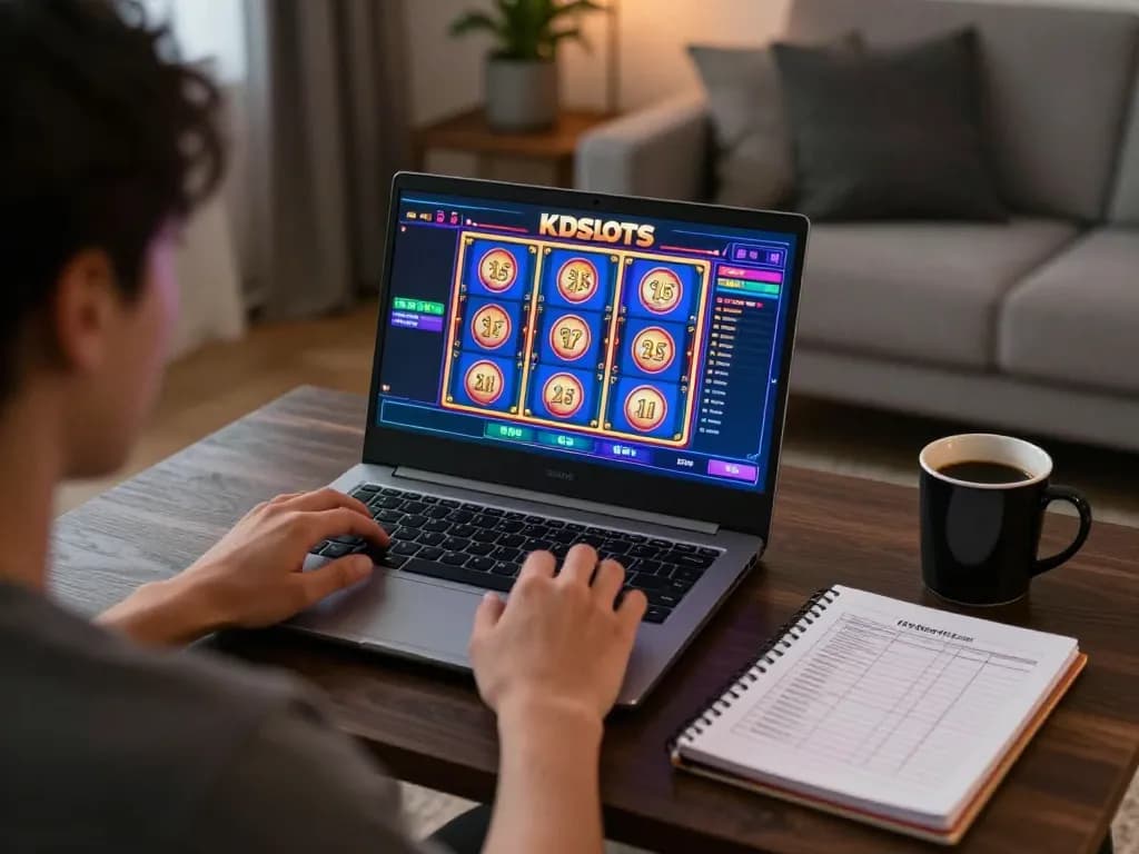 Kdslot player engaging in online gaming at home with vibrant slot machine visuals