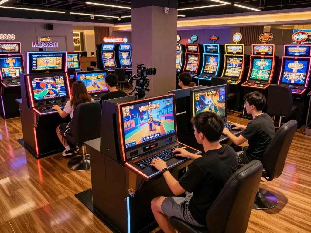 Mega888 kiosk stations showcasing exciting mobile gaming experiences in a vibrant gaming lounge.
