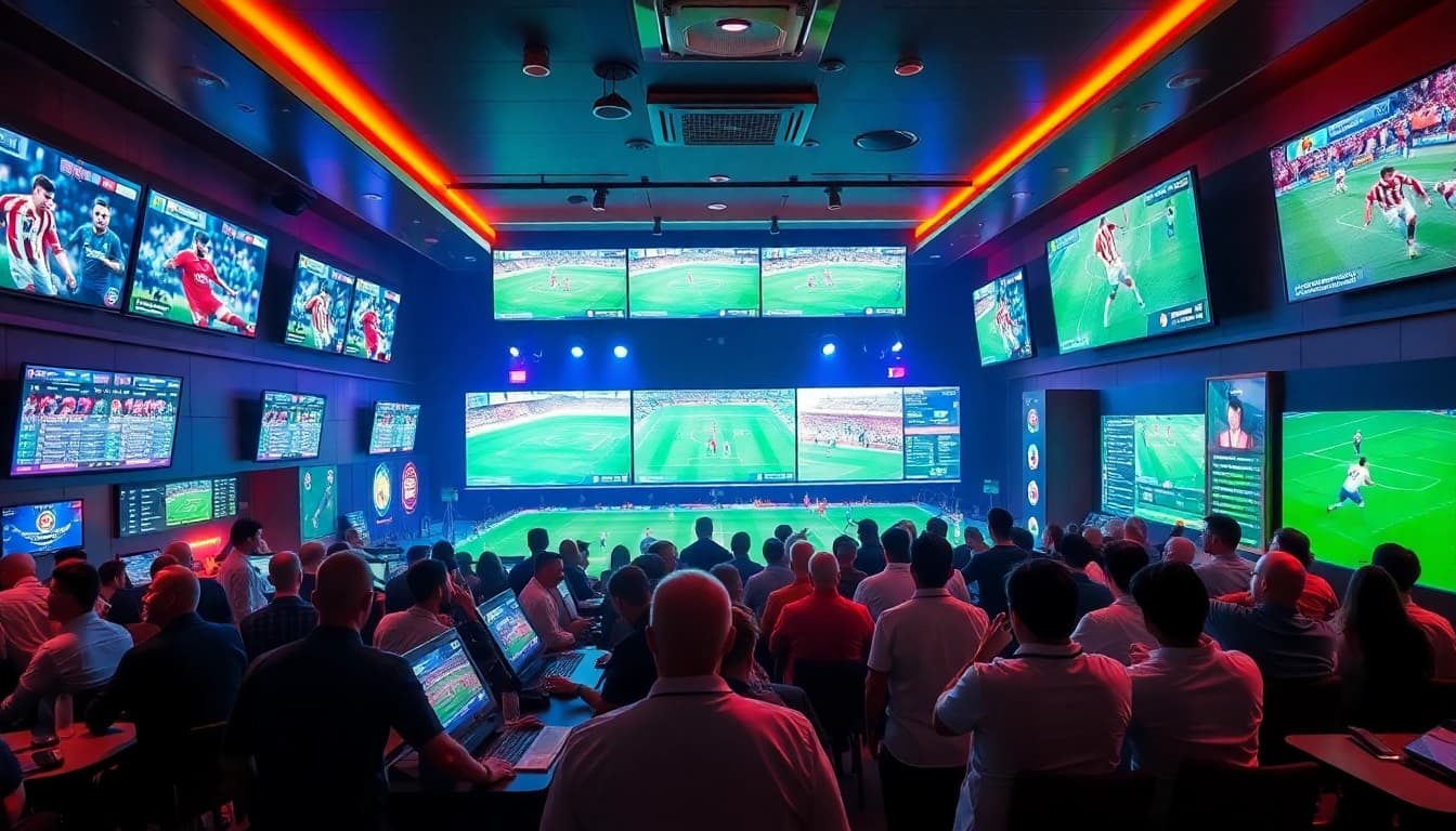 Engaging scene of vibrant แทงบอล betting activity in a modern lounge with live sports coverage.