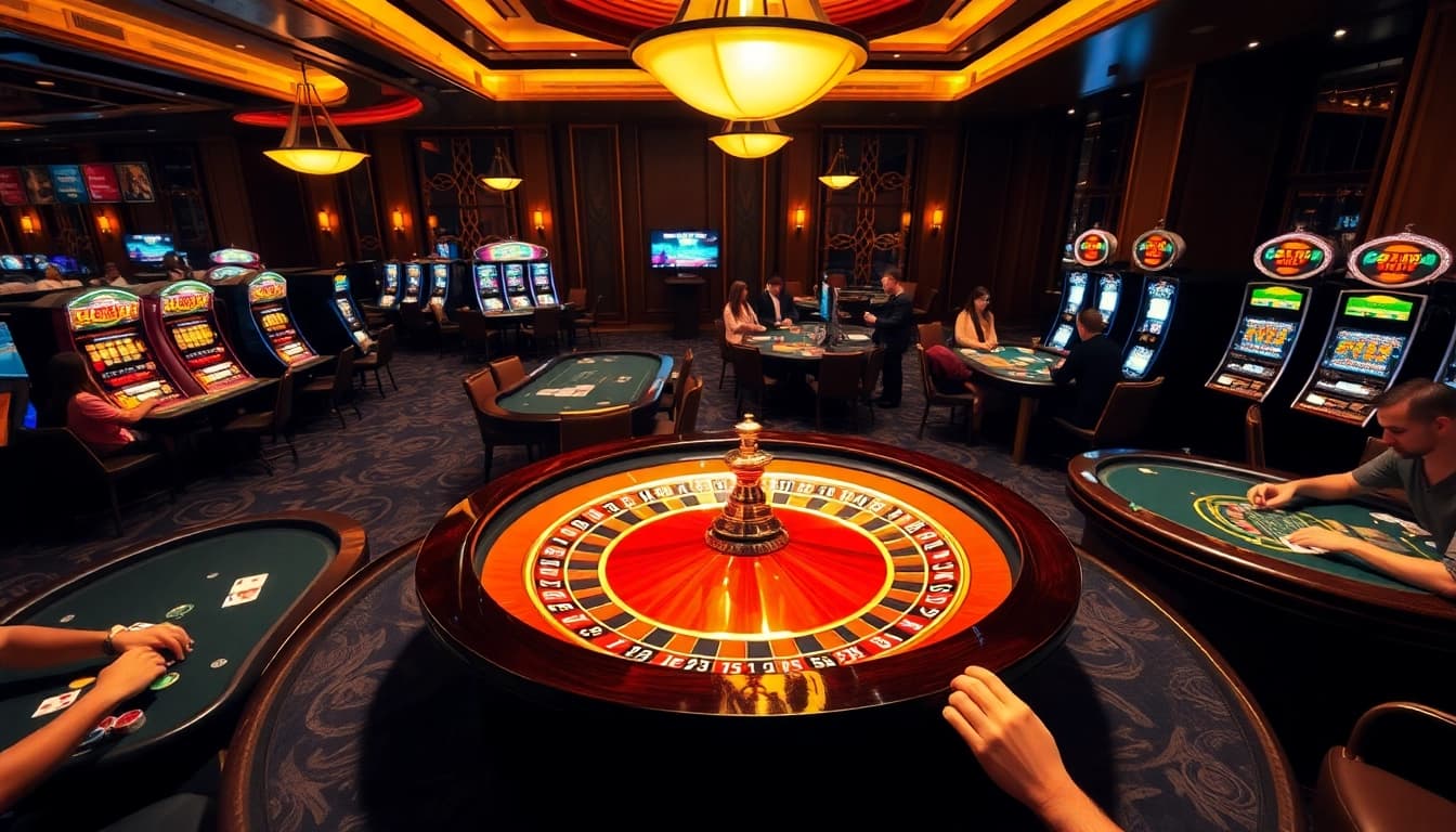 An energetic casino scene showcasing players engaging at 88xx's poker tables with a luxurious roulette wheel.