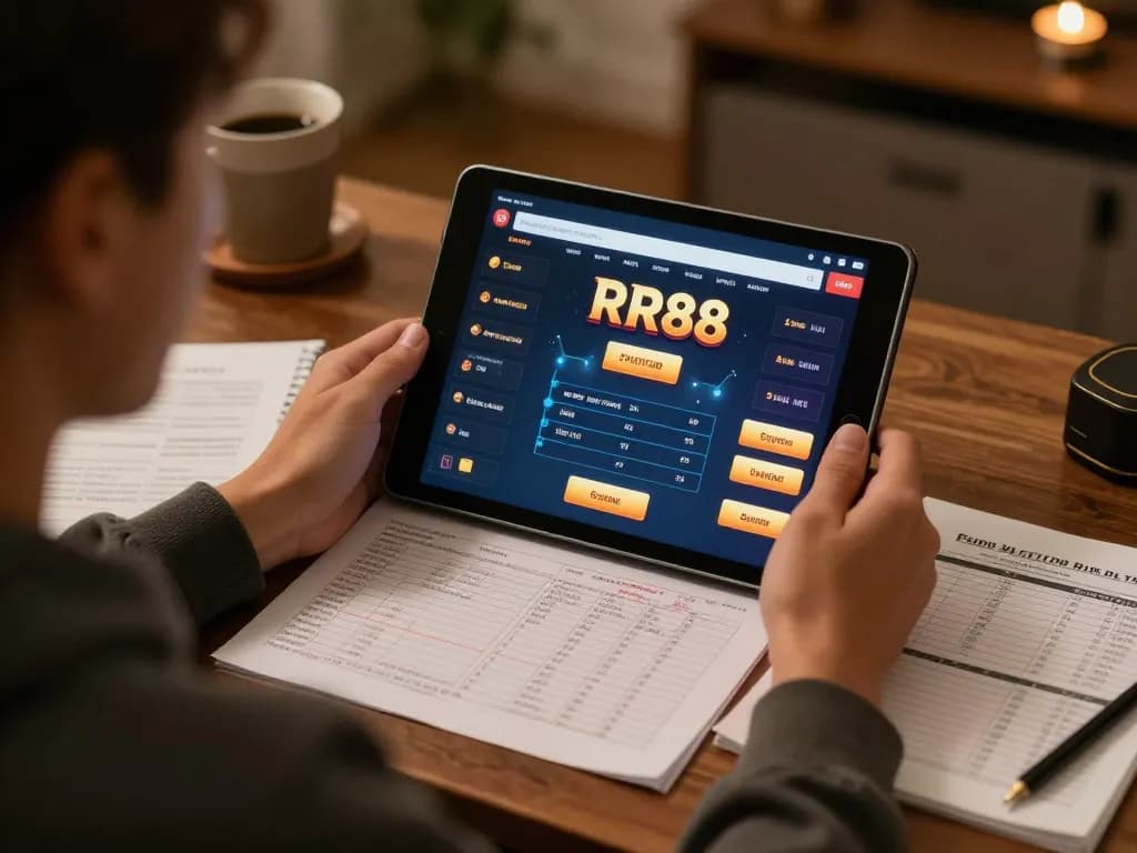 Engaged player using the RR88 casino app on a tablet for strategic gameplay at home.