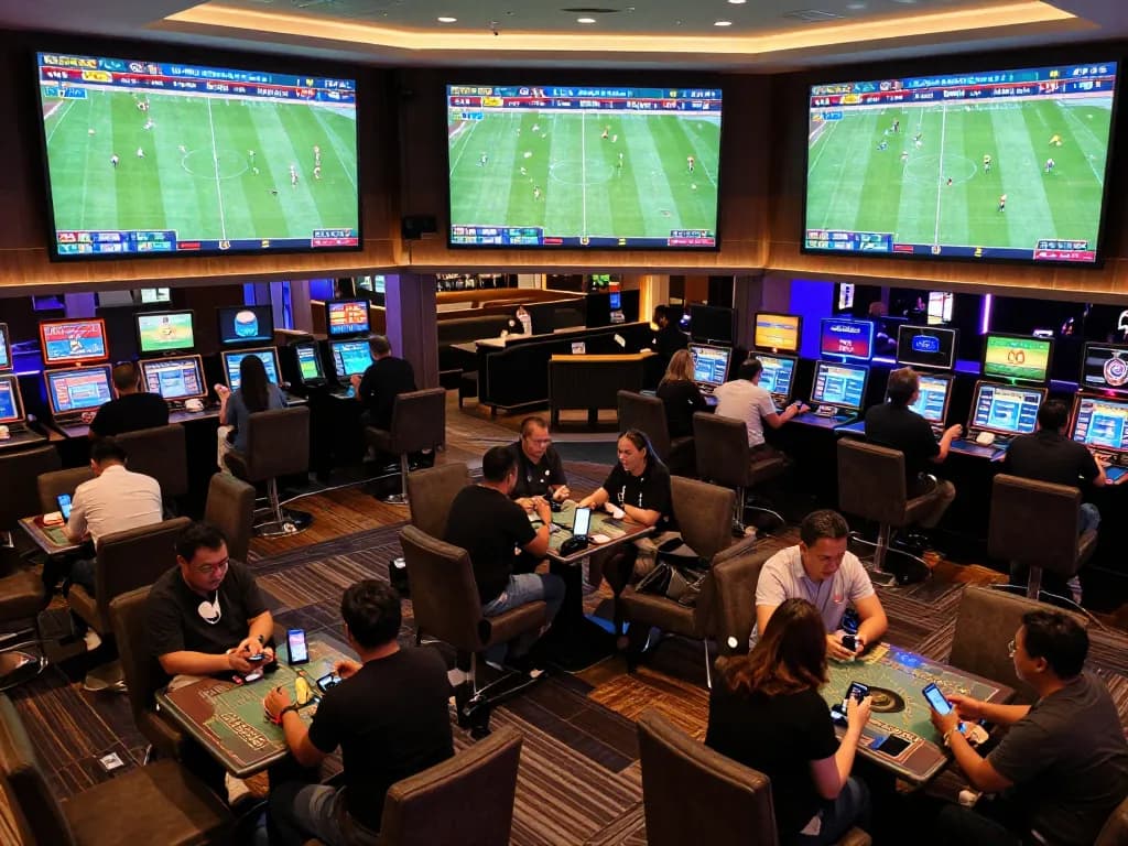 Bongdalu users placing strategic bets while enjoying live sports events in a bustling casino.