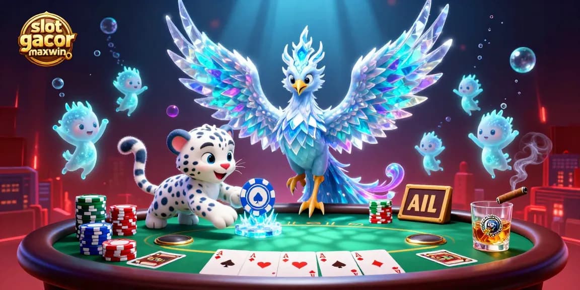 Engage with slot gacor maxwin in a vibrant casino scene featuring magical characters and poker elements.