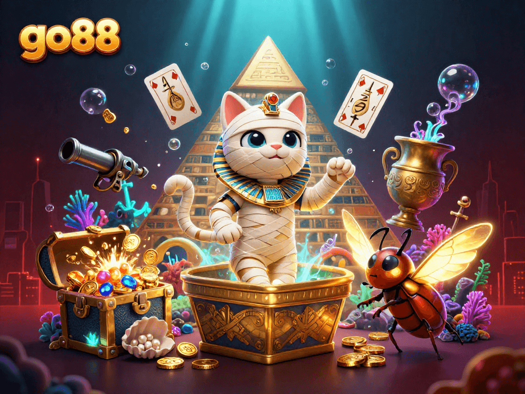 Experience the excitement of go88 with a mummy cat and golden treasures in a vibrant casino scene.