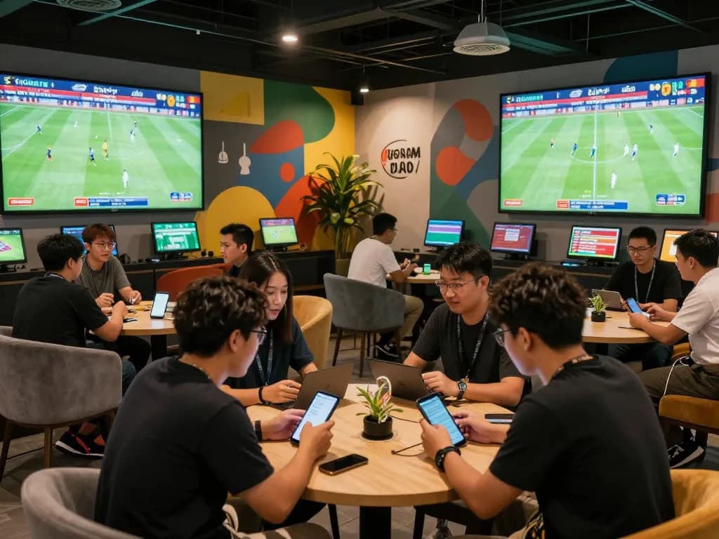 Excited bettors checking kèo bóng đá on mobile devices in a modern sports betting lounge