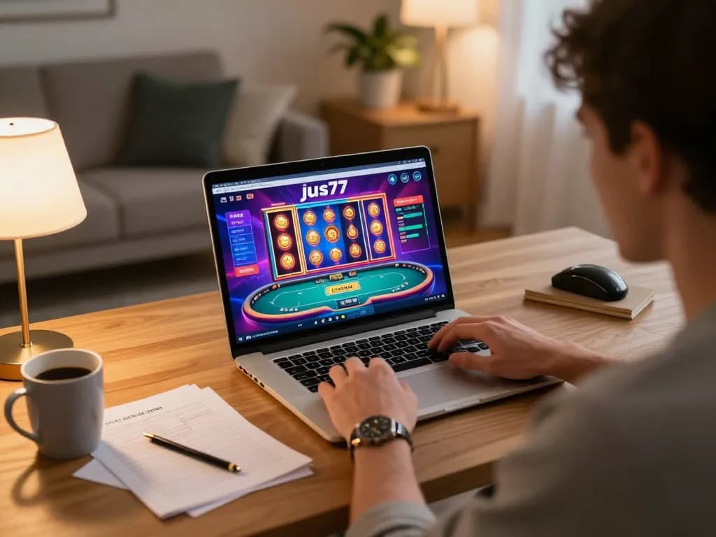 Pemain terlibat menikmati slot online jus77 di dalam setelan rumah yang nyaman dengan catatan dan strategi.