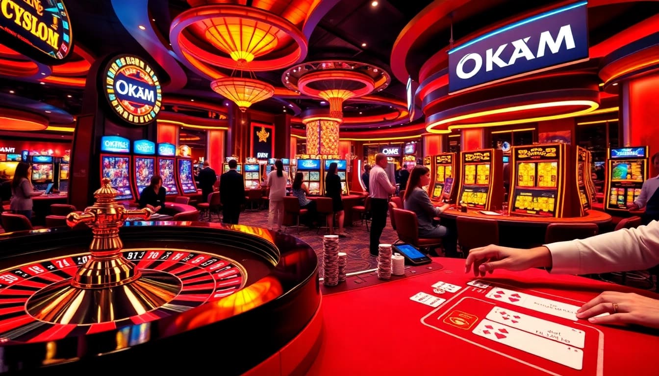 Experience the excitement of gambling at OKATM with vibrant slot machines and poker gameplay.