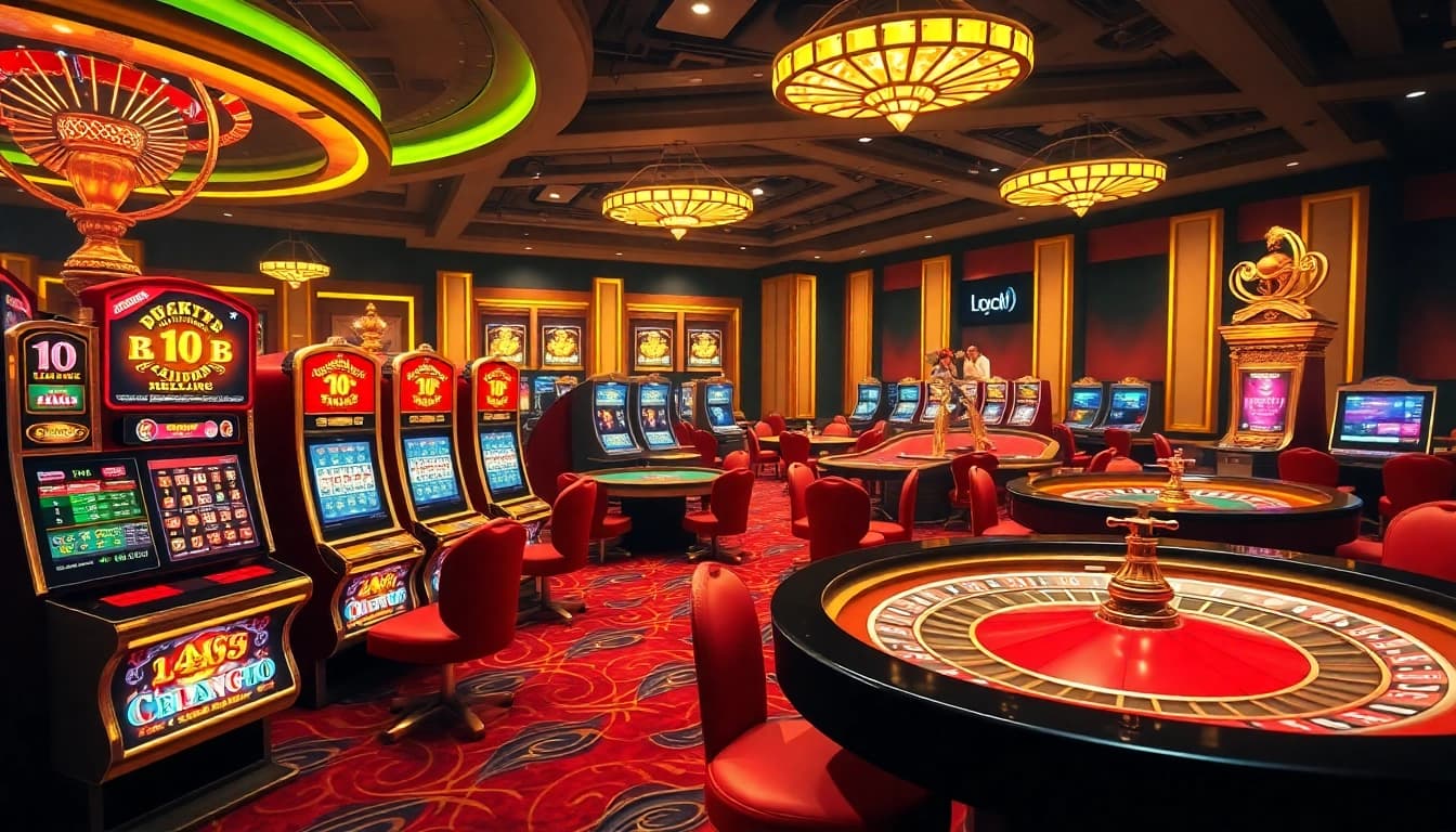 Engaging amanahtoto casino scene showcasing vibrant slot machines and poker action.