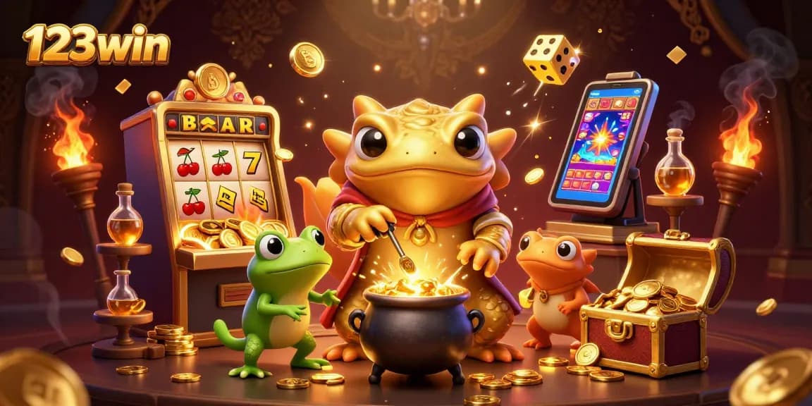 Experience jackpot excitement with 123win in a vibrant 3D casino world filled with gold and adventure.