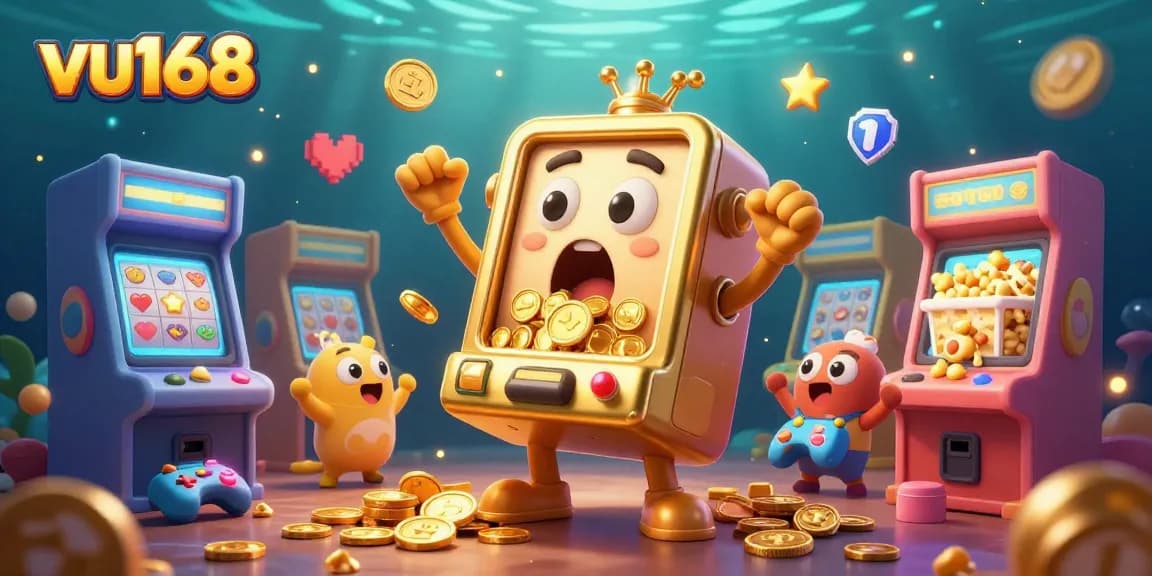 Catch the excitement with vu168's animated slot machine celebrating a jackpot in a colorful gaming environment.