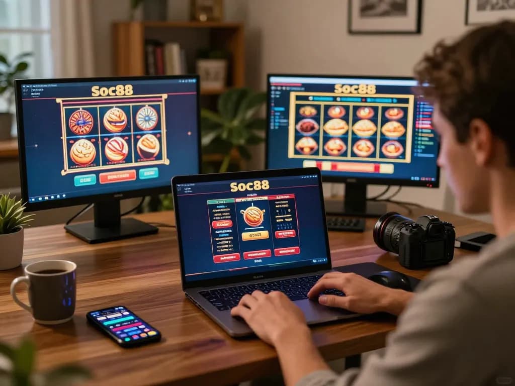 Experience the excitement of soc88 online gambling with multiple games on screen in a cozy home setup.