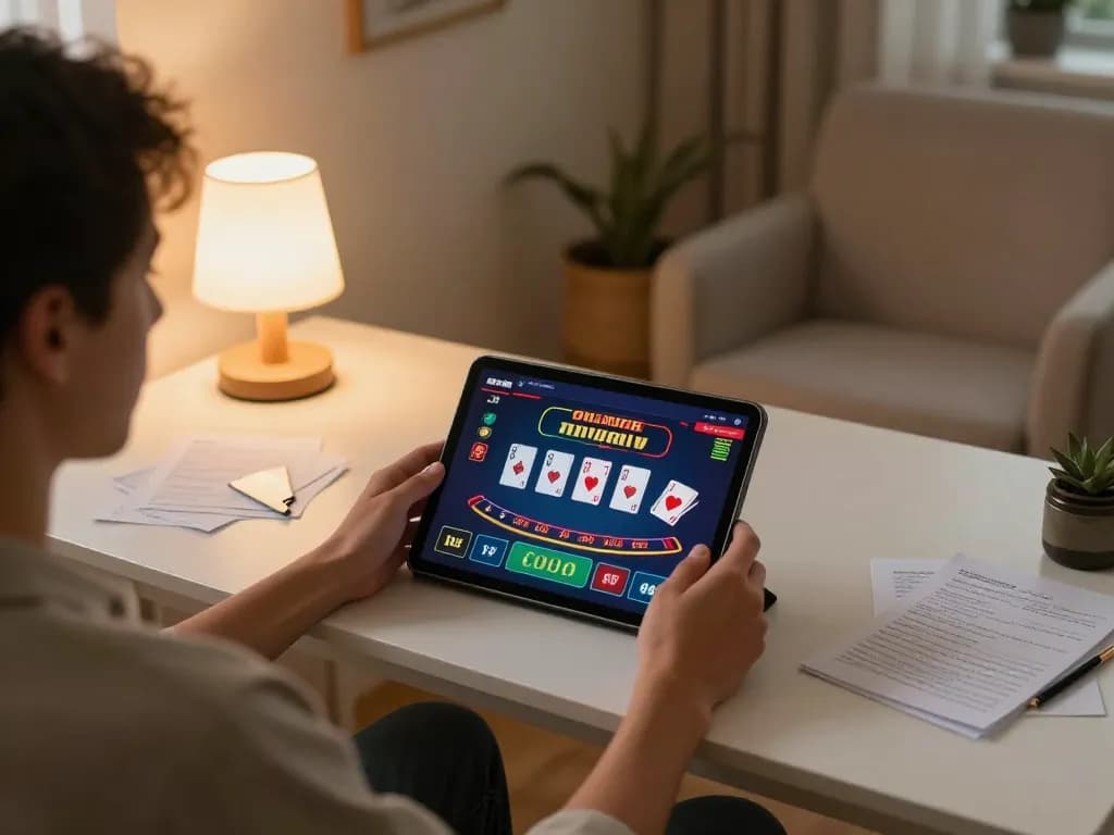 Experience online gambling with VN23, showing a player engaging with a live dealer blackjack game on a tablet.