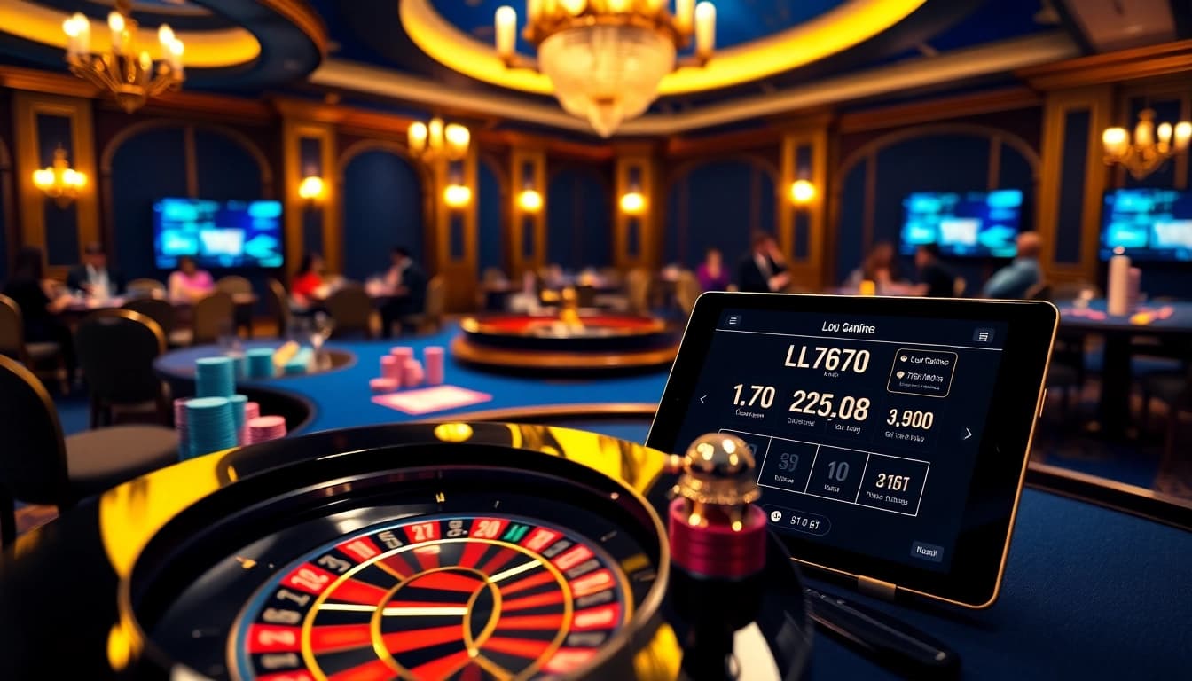 Lô Đề Trực Tuyến propelled by excitement in a luxury casino atmosphere with vibrant tables and cards.