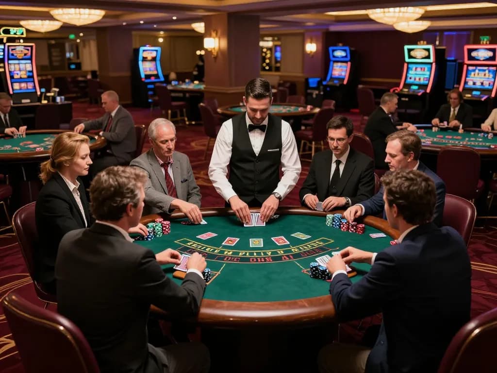 TT88 betting strategies in action at an elegant blackjack table, showcasing players and dealer.