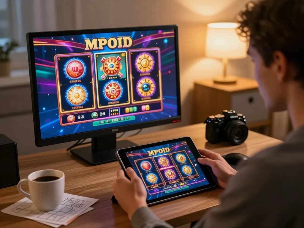 MPOID online player engaged in dynamic slot gaming session with vibrant visuals and strategy notes.