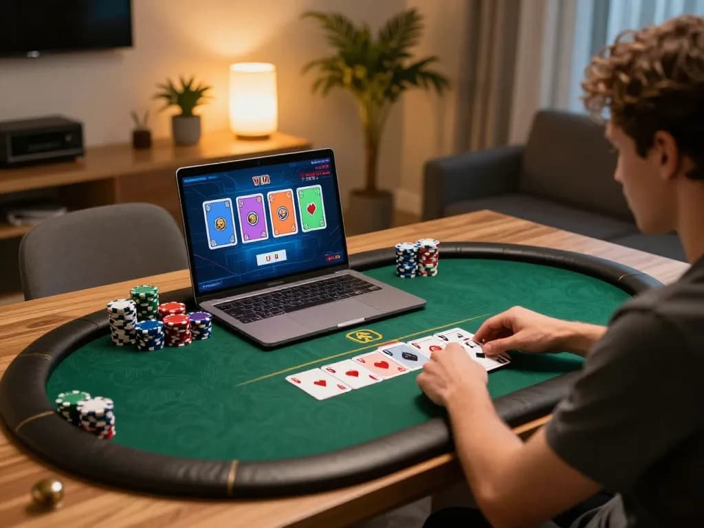 B52 player strategizes during an online poker session on a sleek laptop at home.