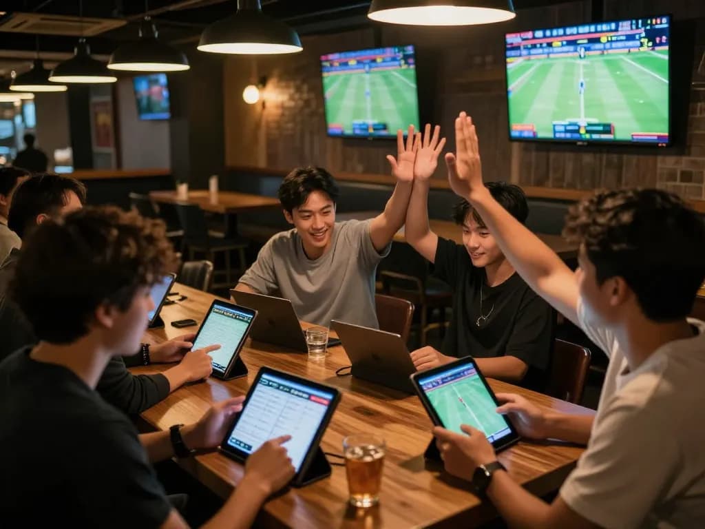 Engaging sports betting action at RR88 with friends placing bets and celebrating wins.