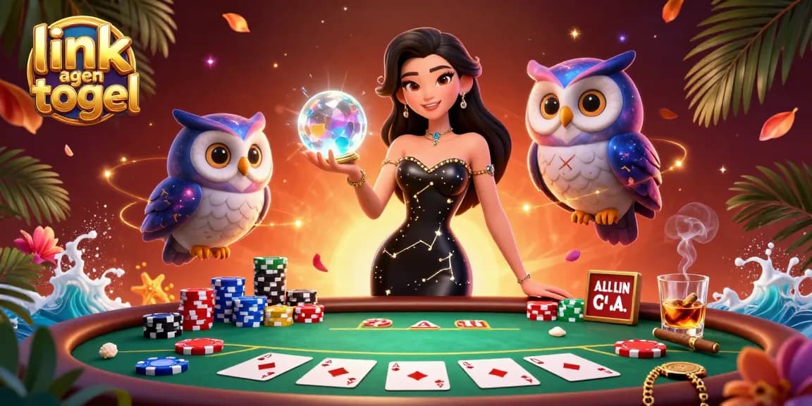 Engage with the link agen togel scene featuring vibrant poker activities, showcasing a mystical woman and owl amidst rich gaming elements.