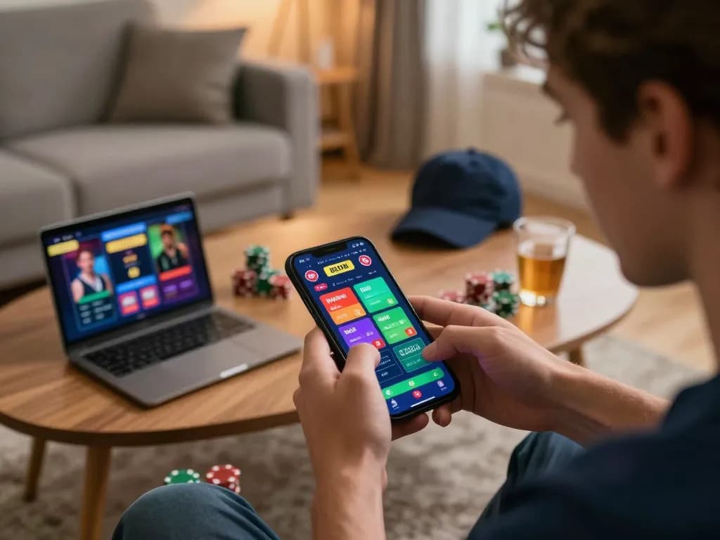 A person enjoying nha cai uy tin gaming on a smartphone in a cozy home environment.