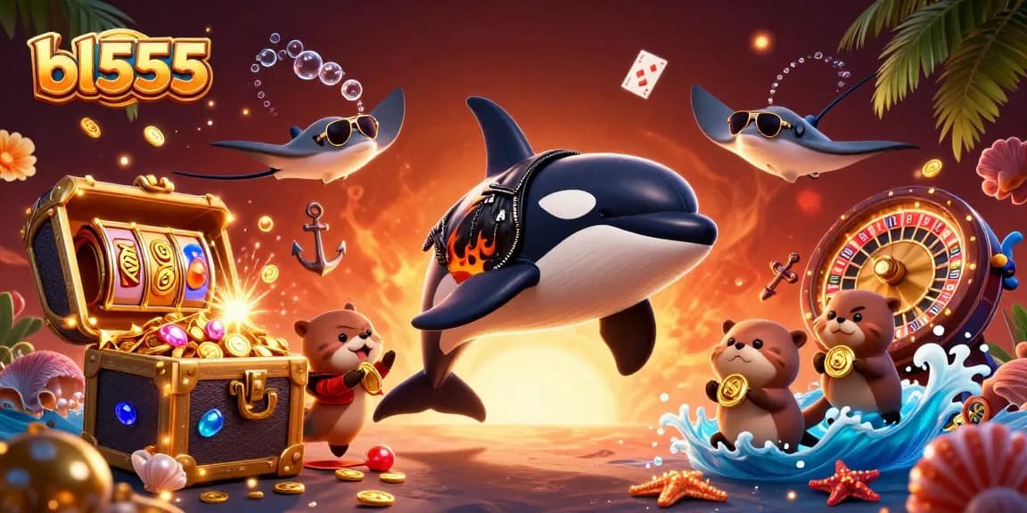 Join the thrill at BL555 with a lively orca, stingray, and otters celebrating winnings in an exciting casino scene.
