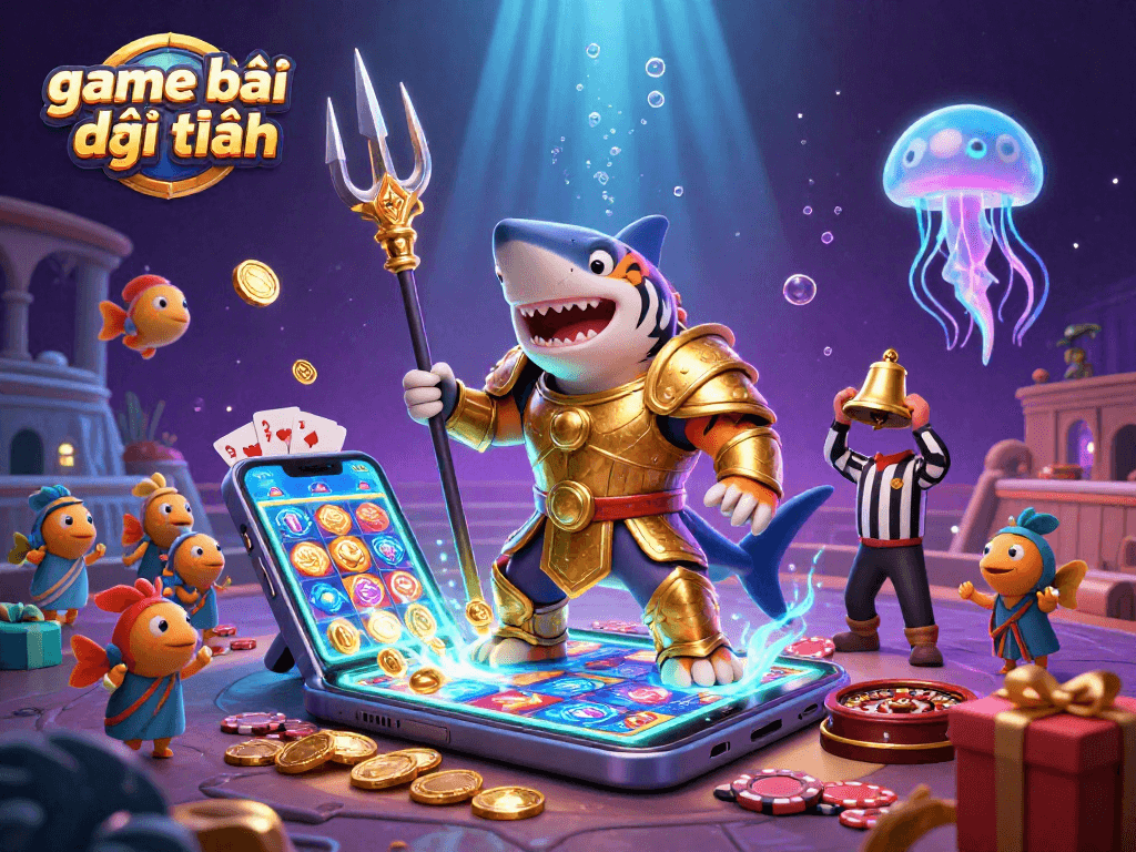 Engage in the thrilling game bài đổi thưởng with a tiger shark in gladiator armor in an underwater casino scene.