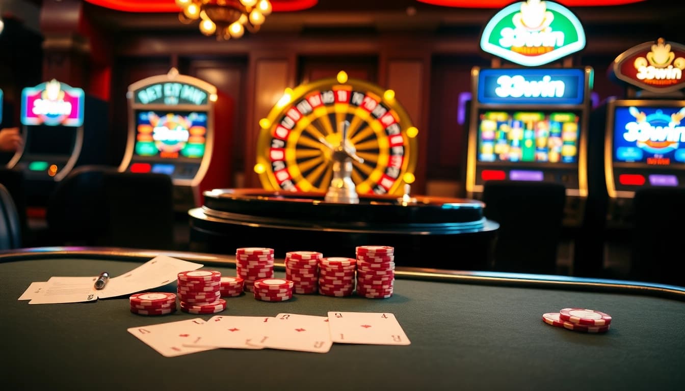 Experience the excitement of gambling at 33win with vibrant casino elements and elegant tables.