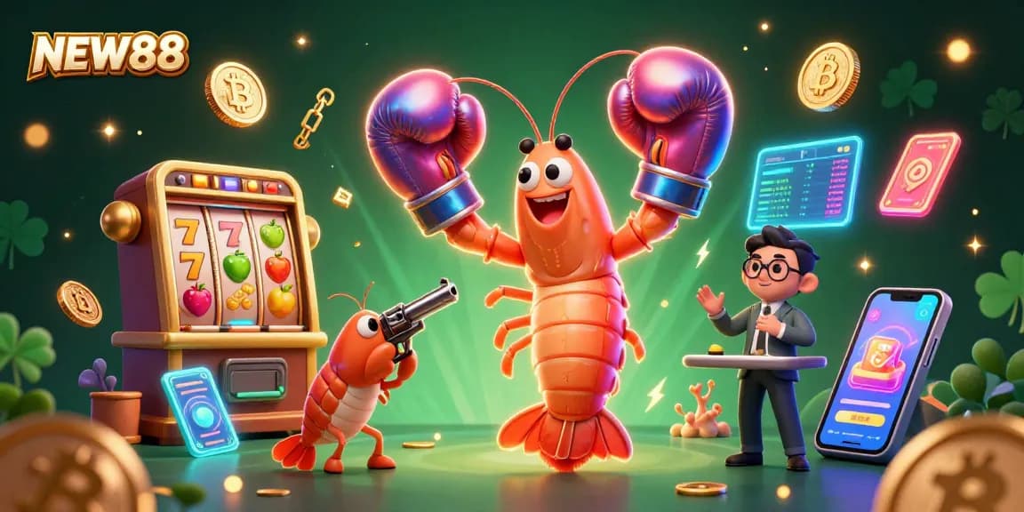NEW88 invites players to engage in thrilling online gambling with its vibrant casino-themed 3D illustration.