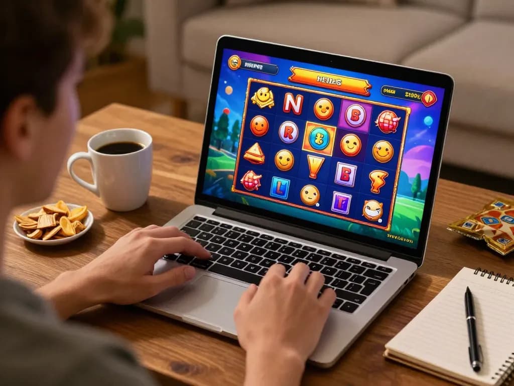 Player enjoying LGOSUPER slot games on a laptop in a cozy home setting, immersed in gameplay.