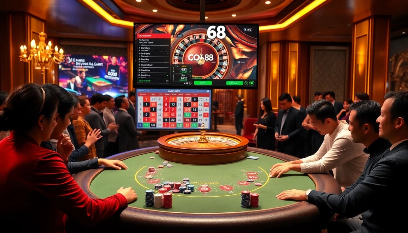 Players engage in a thrilling poker game at Co88's luxurious casino, showcasing vibrant betting action.